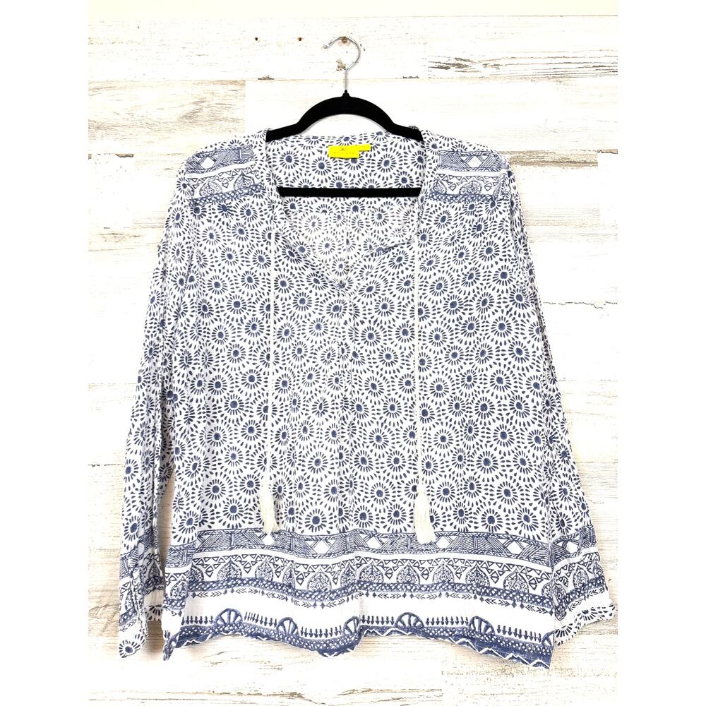 Roberta Roller Rabbit Womens L Blue White Serafina Cotton Tunic Blouse NEW